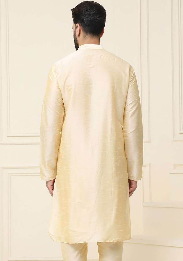Beige Solid Jacquard Kurta For Men - Indya