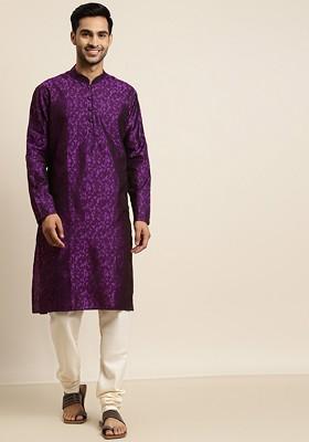 Purple Woven Poly Blend Kurta For Men