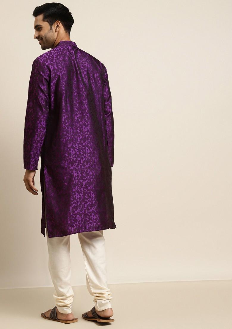Purple Woven Poly Blend Kurta For Men
