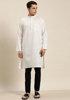 White Solid Poly Blend Kurta For Men