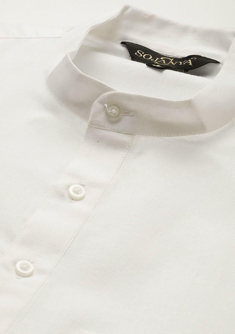 White Solid Poly Blend Kurta For Men