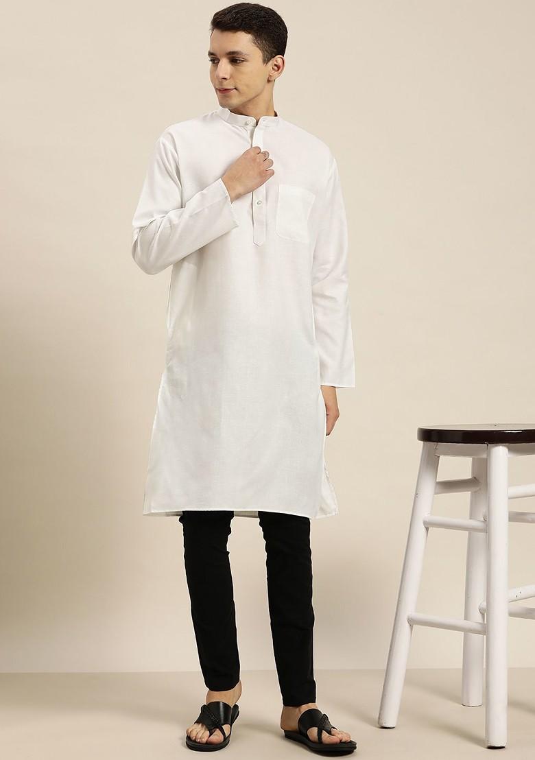 White Solid Poly Blend Kurta For Men