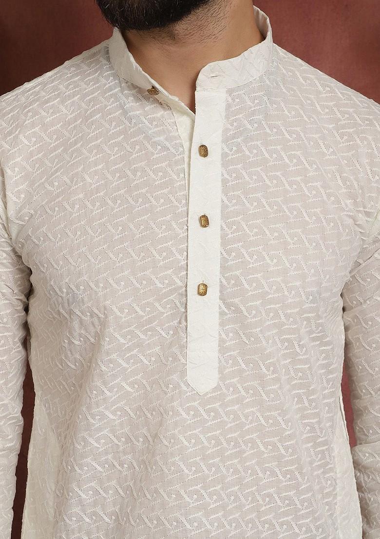 Cream Embroidered Cotton Kurta For Men