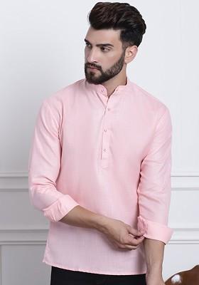 Pink Solid Poly Blend Kurta For Men
