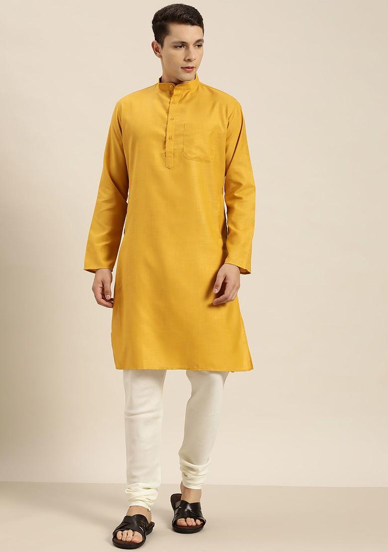 Mustard Solid Poly Blend Kurta For Men