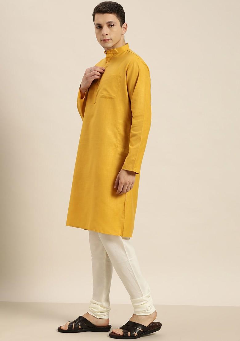 Mustard Solid Poly Blend Kurta For Men