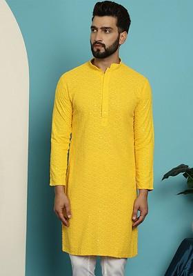 Mustard Embroidered Cotton Kurta For Men