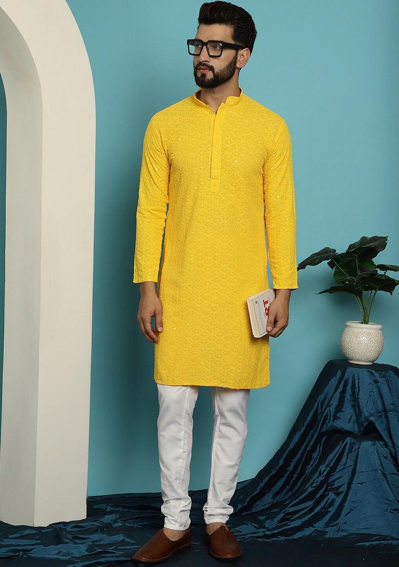 Mustard Embroidered Cotton Kurta For Men
