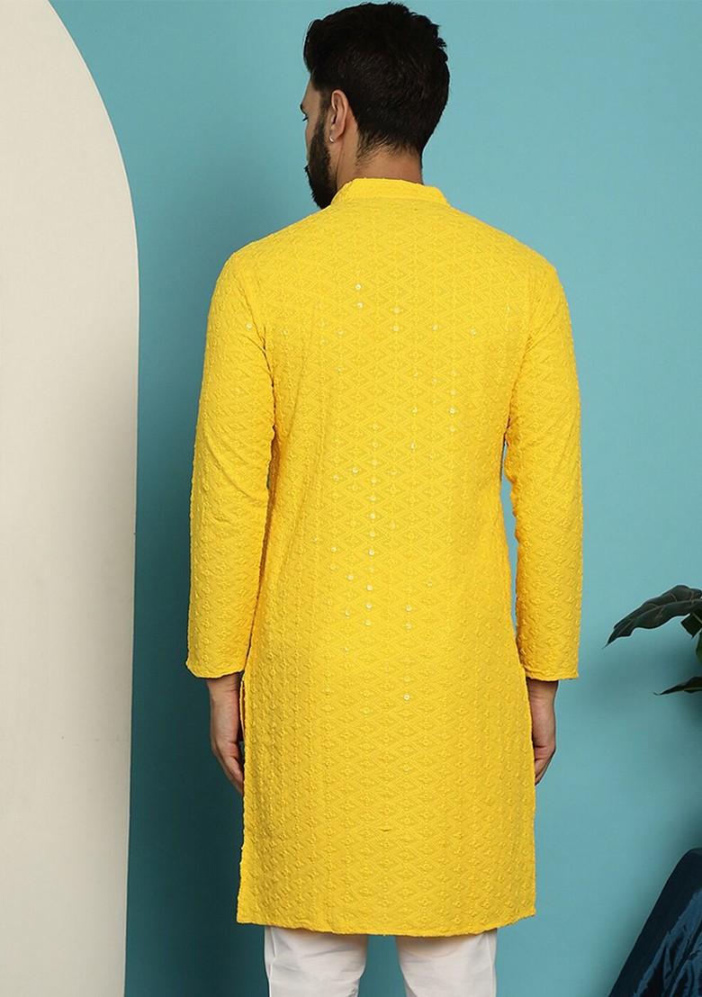 Mustard Embroidered Cotton Kurta For Men