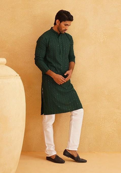 Green Embellished Cotton Kurta For Men