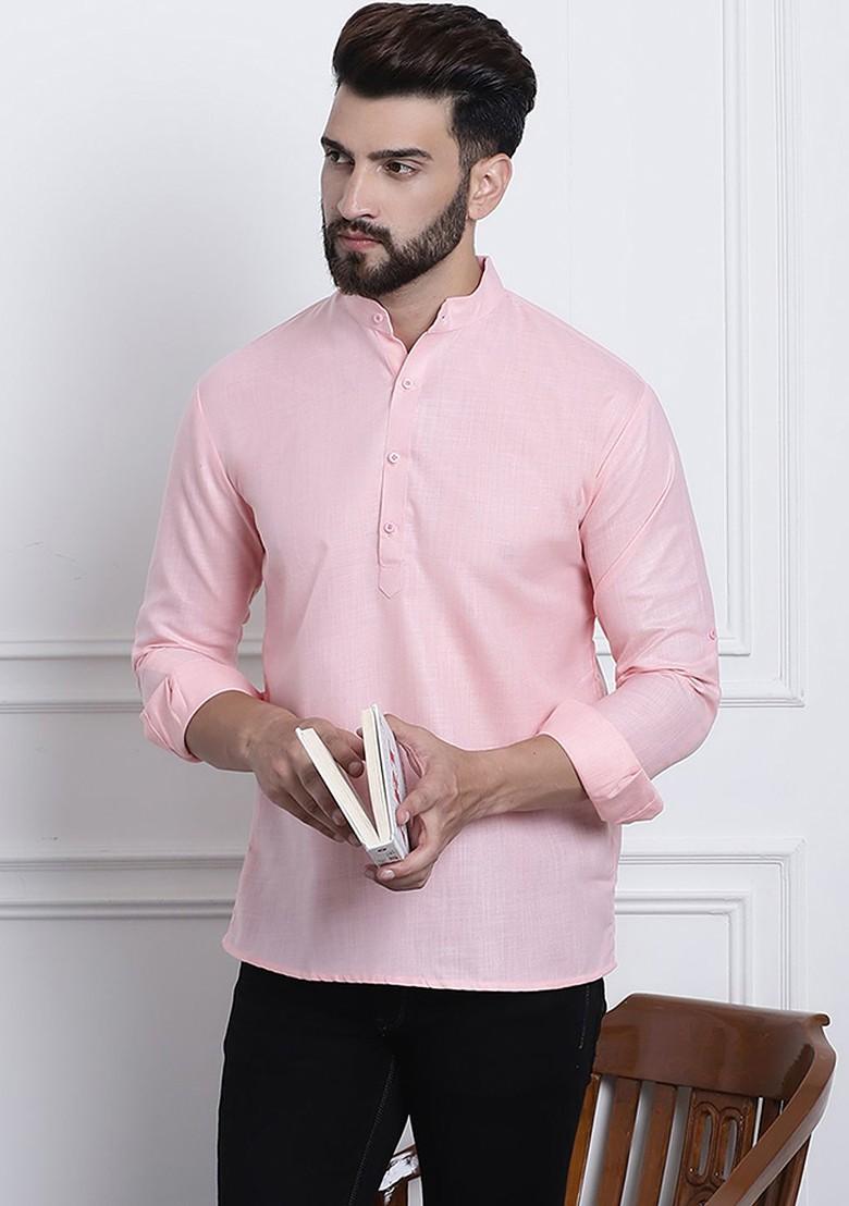 Pink Solid Poly Blend Kurta For Men
