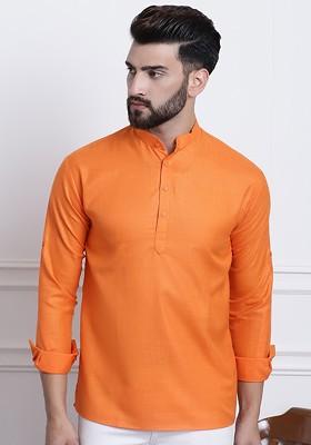 Orange Solid Poly Blend Kurta For Men