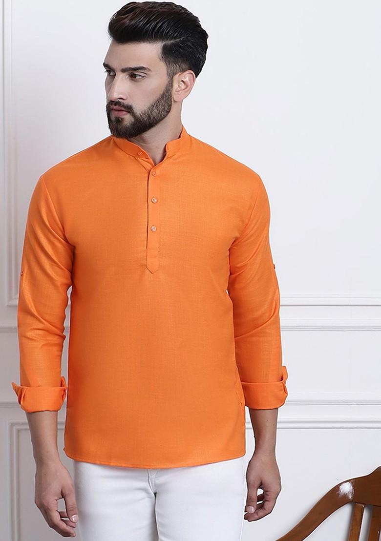 Orange Solid Poly Blend Kurta For Men