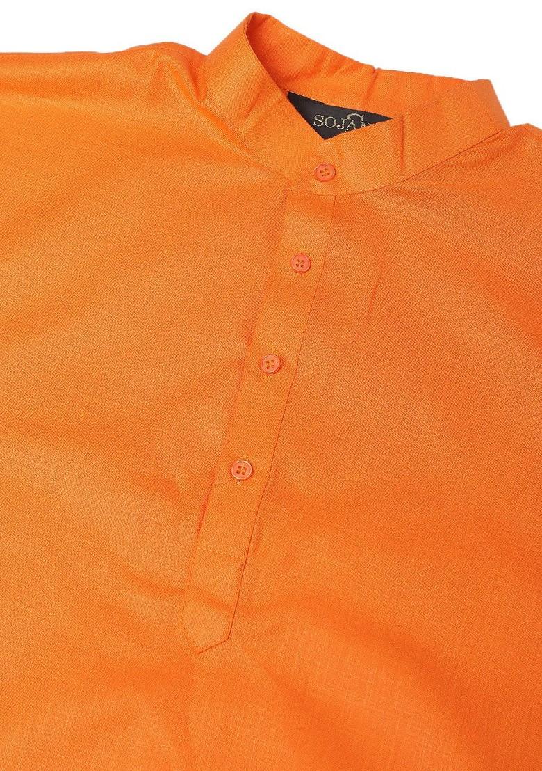 Orange Solid Poly Blend Kurta For Men