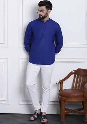 Blue Solid Poly Blend Kurta For Men