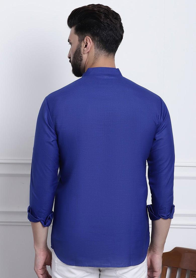 Blue Solid Poly Blend Kurta For Men