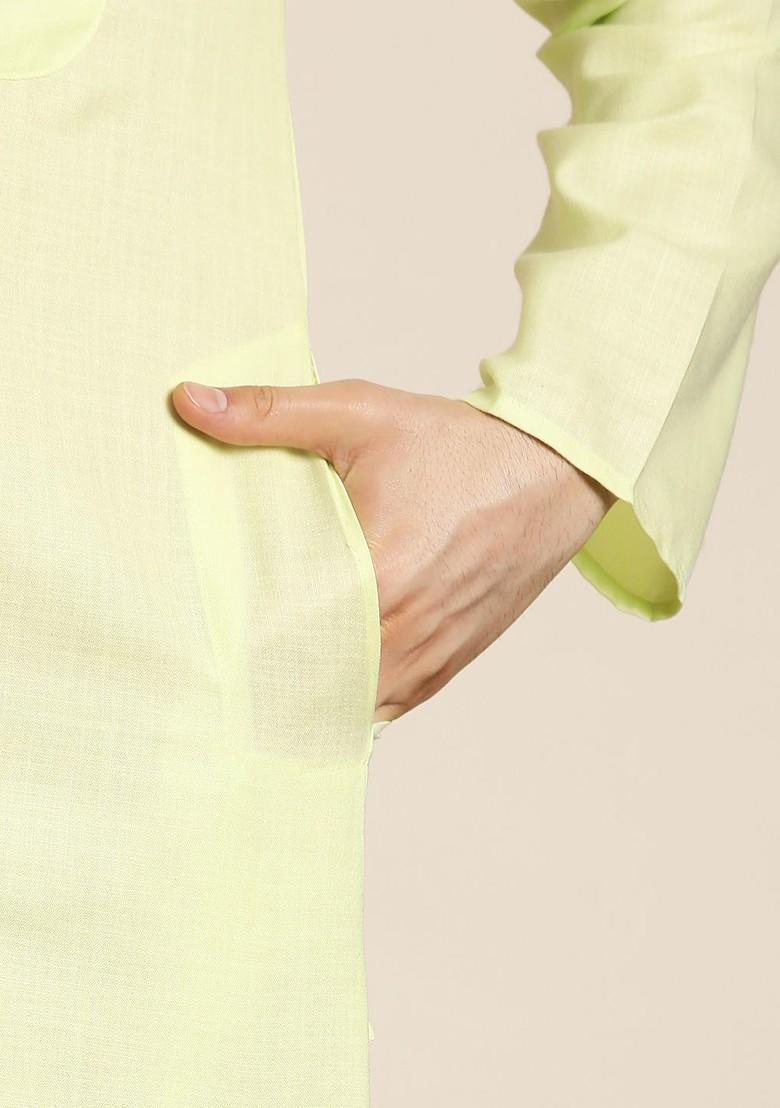 Lime Green Solid Poly Blend Kurta For Men