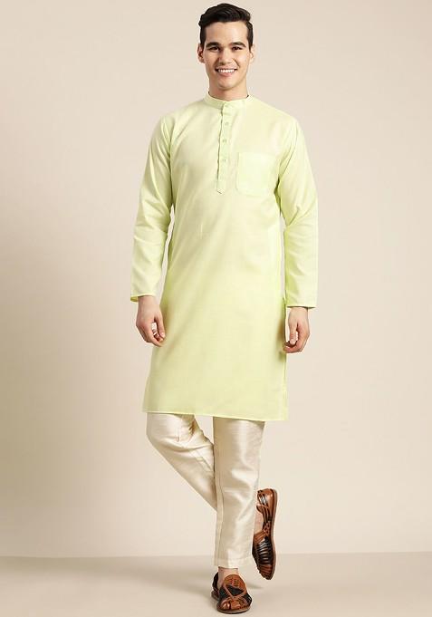 Lime Green Solid Poly Blend Kurta For Men — view on Indya