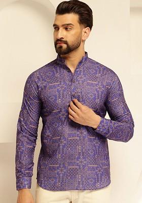 Purple Printed Cotton Kurta For Men