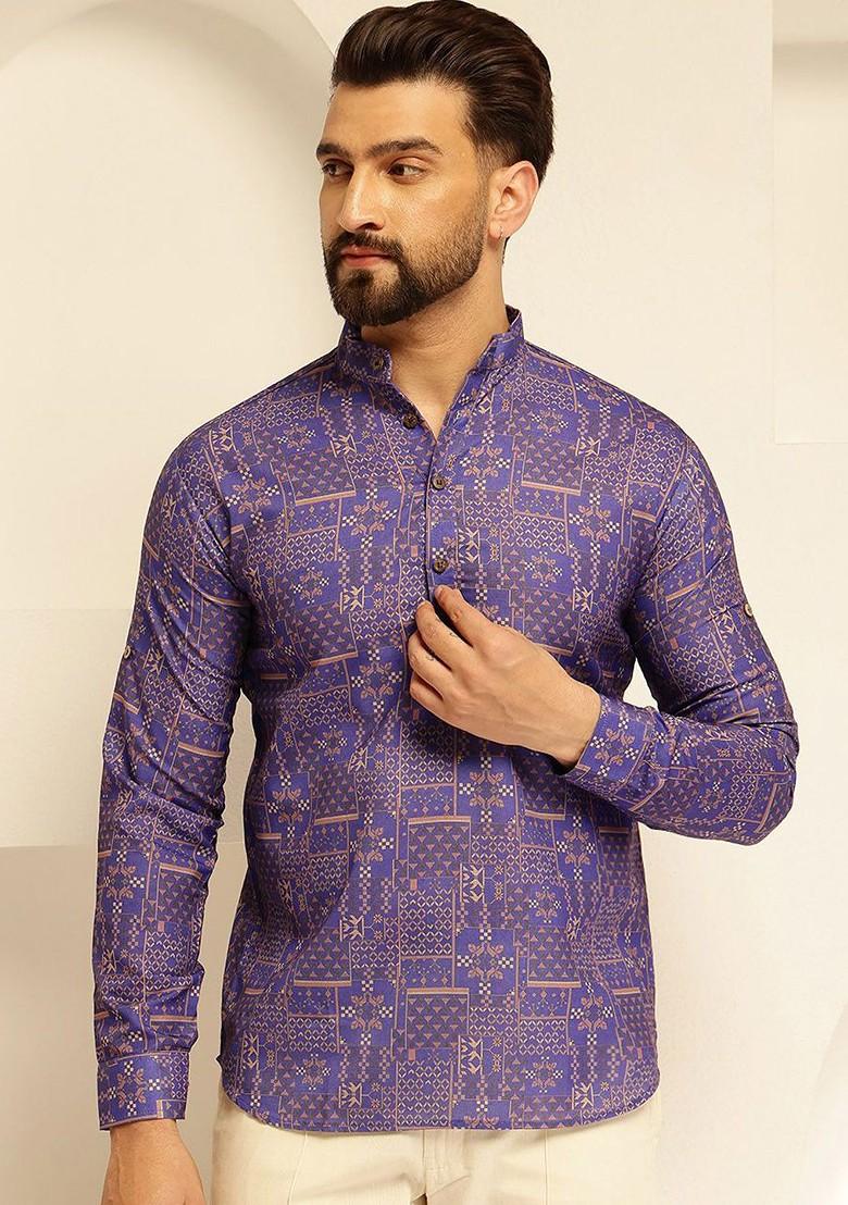 Purple Printed Cotton Kurta For Men