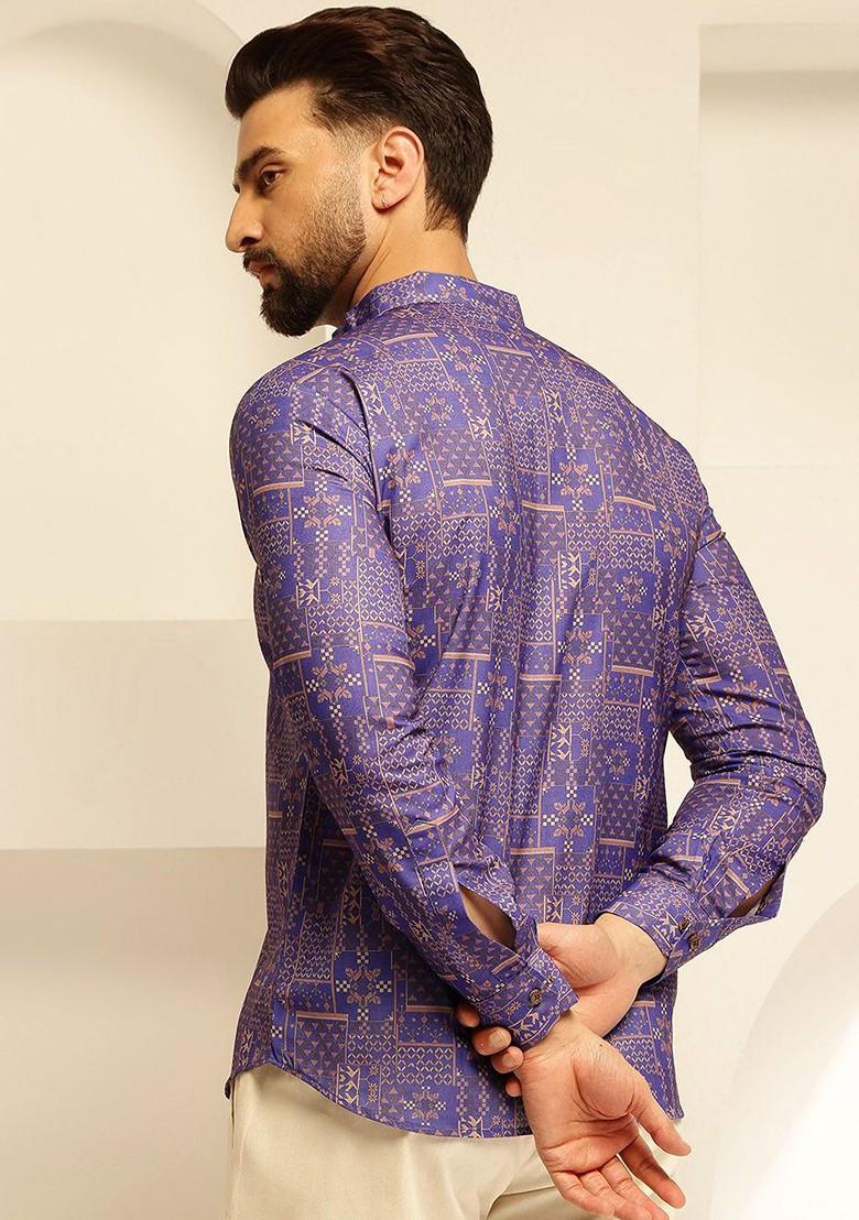 Purple Printed Cotton Kurta For Men