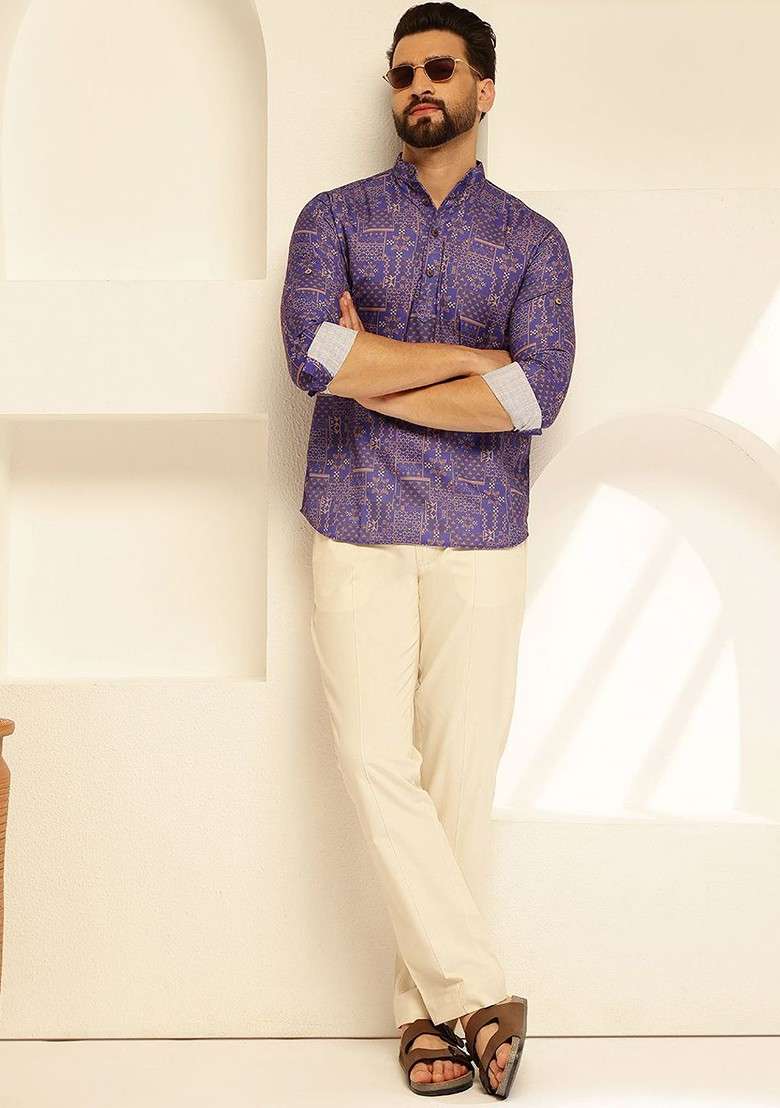 Purple Printed Cotton Kurta For Men - Indya