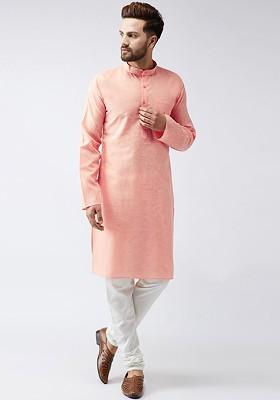 Coral Pink Solid Poly Blend Kurta For Men