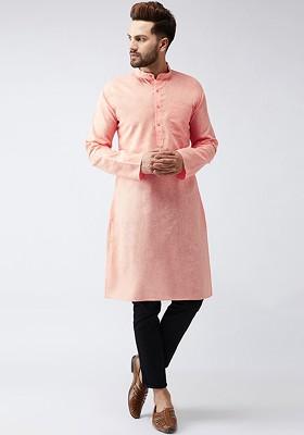 Peach Woven Poly Blend Kurta For Men