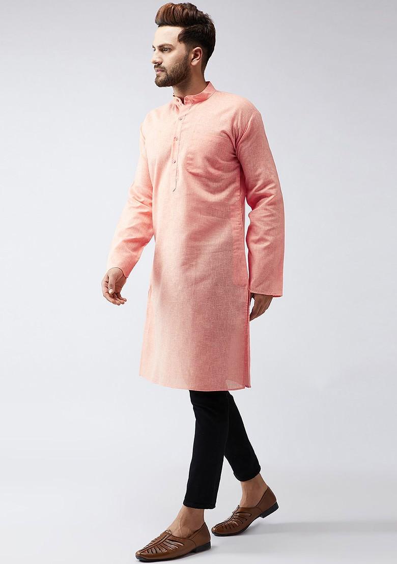 Peach Woven Poly Blend Kurta For Men