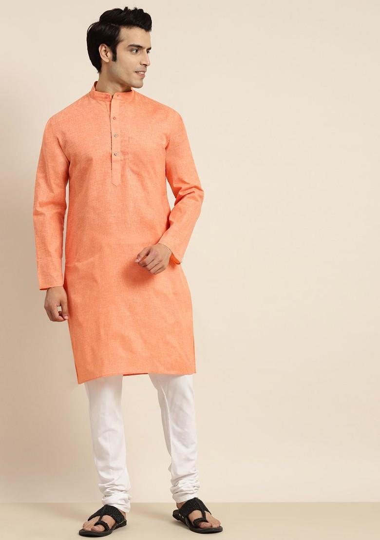 Orange Solid Poly Blend Kurta For Men