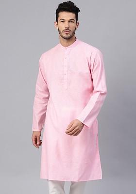 Pink Solid Poly Blend Kurta For Men