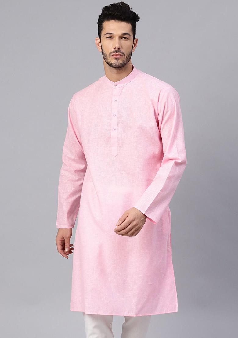 Pink Solid Poly Blend Kurta For Men