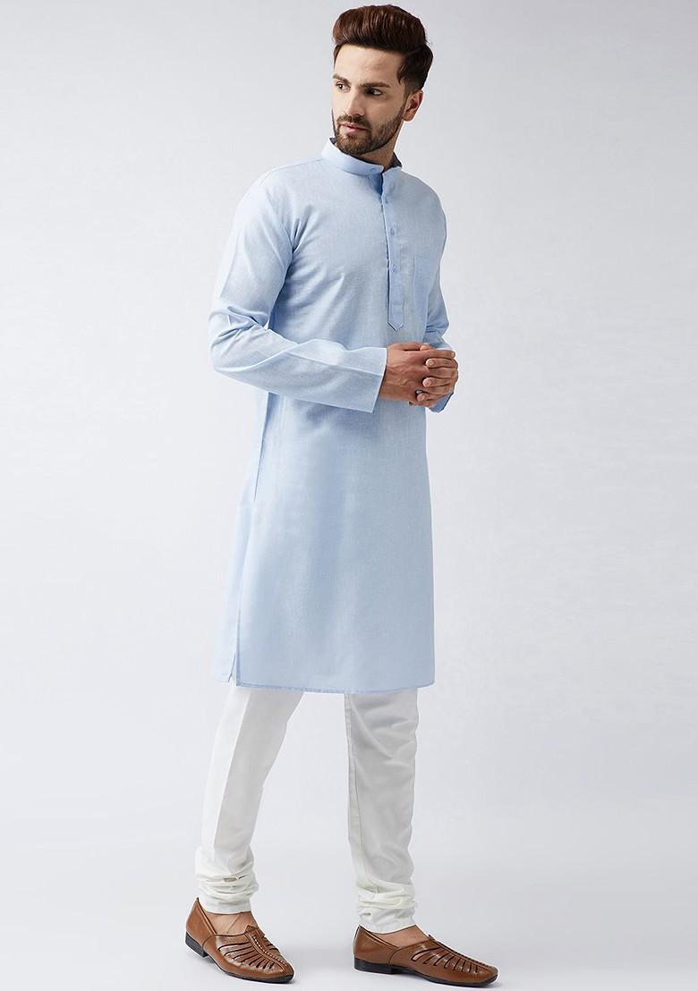 Blue Woven Poly Blend Kurta For Men