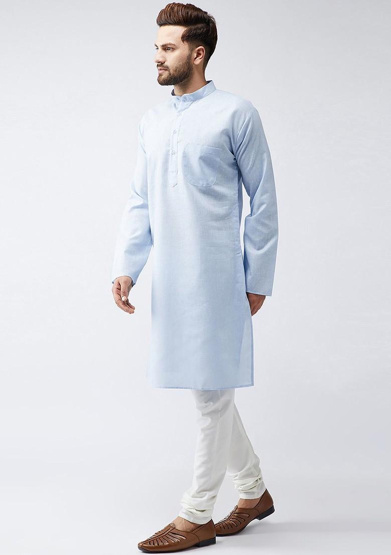 Blue Woven Poly Blend Kurta For Men