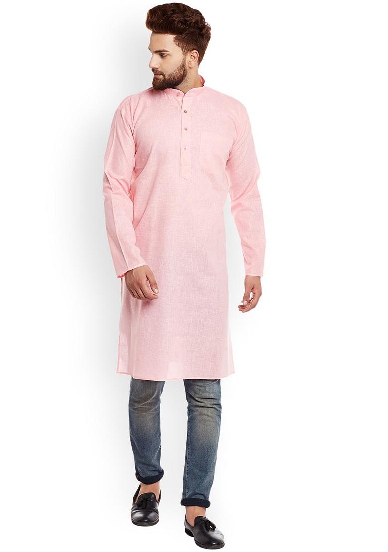 Pink Solid Poly Blend Kurta For Men