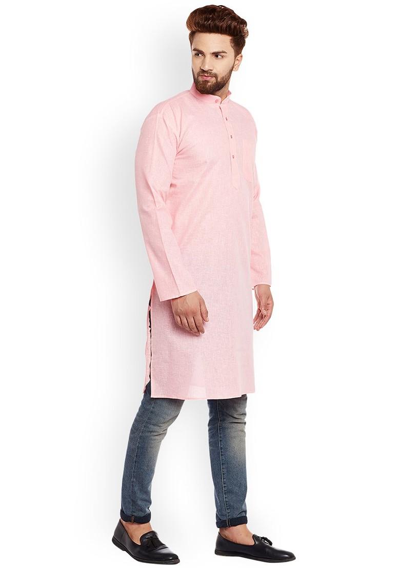 Pink Solid Poly Blend Kurta For Men