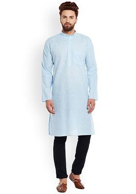 Blue Solid Poly Blend Kurta For Men