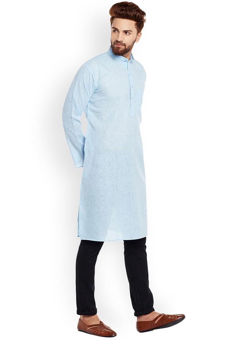 Blue Solid Poly Blend Kurta For Men
