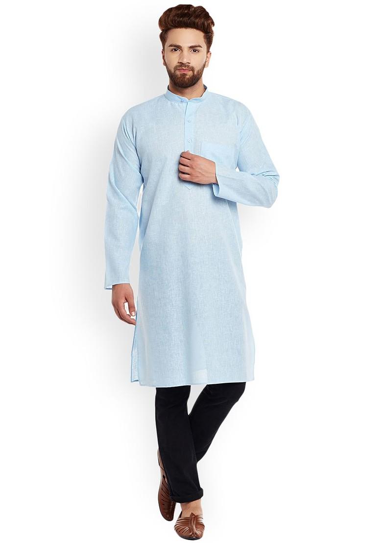 Blue Solid Poly Blend Kurta For Men