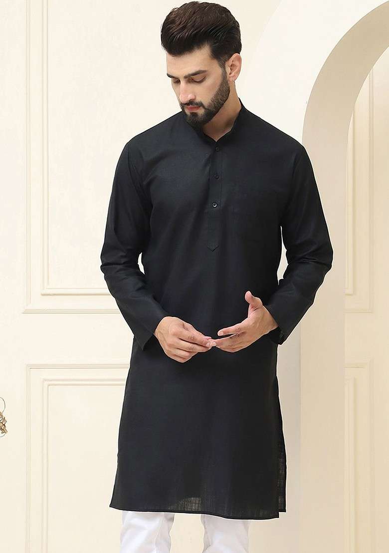Black Solid Cotton Kurta For Men - Indya