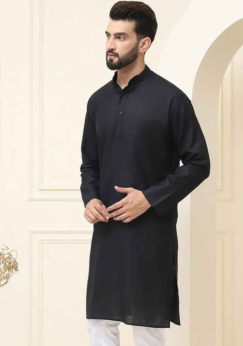Black Solid Cotton Kurta For Men