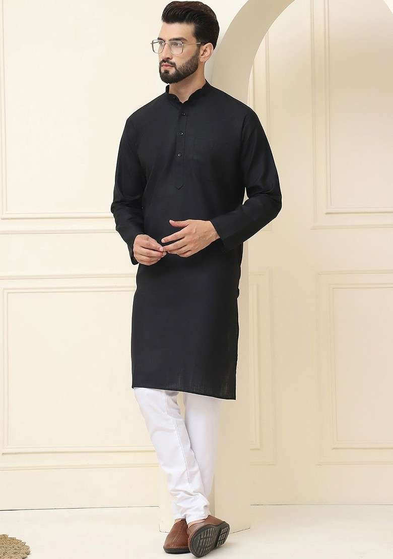 Black Solid Cotton Kurta For Men - Indya