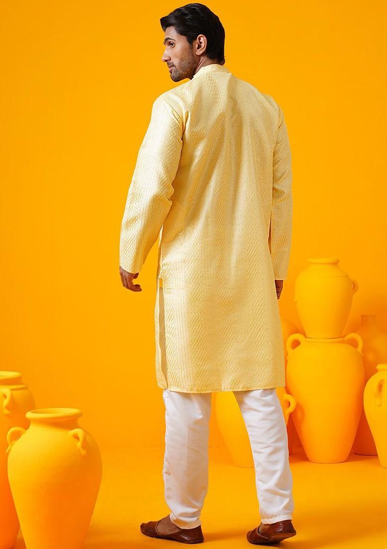 Yellow Thread Work Poly Blend Kurta For Men