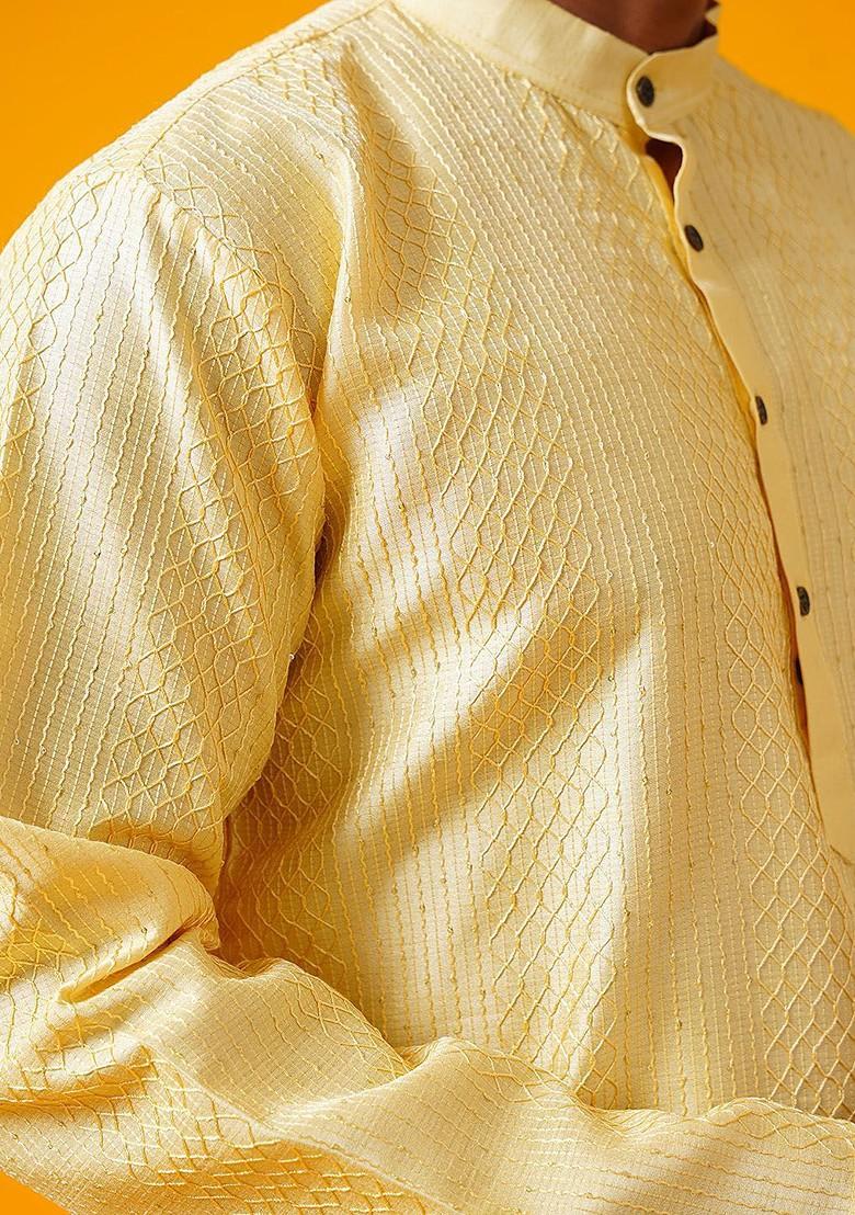 Yellow Thread Work Poly Blend Kurta For Men