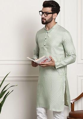 Green Ethnic Motifs Jacquard Kurta For Men