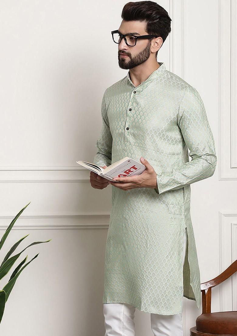 Green Ethnic Motifs Jacquard Kurta For Men