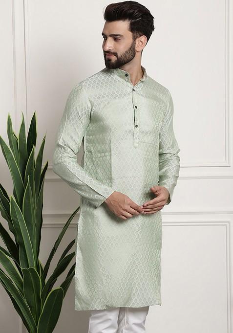 Green Ethnic Motifs Jacquard Kurta For Men
