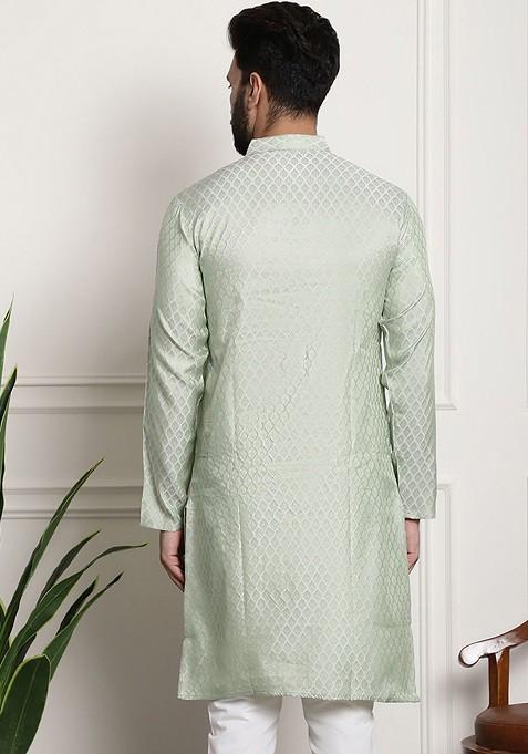 Green Ethnic Motifs Jacquard Kurta For Men