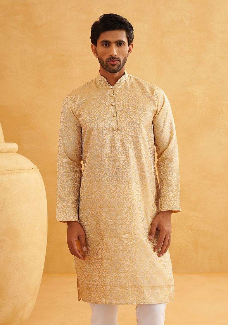 Gold Printed Poly Blend Kurta For Men - Indya