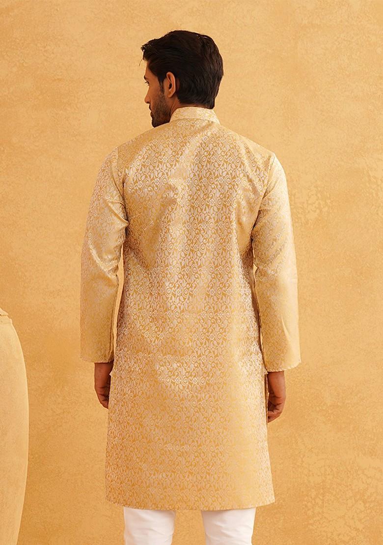 Gold Printed Poly Blend Kurta For Men
